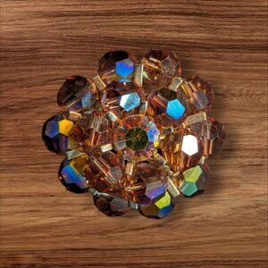 Vintage Aurora Borealis Crystal Cluster Brooch Gold-Tone Flower Costume Jewelry